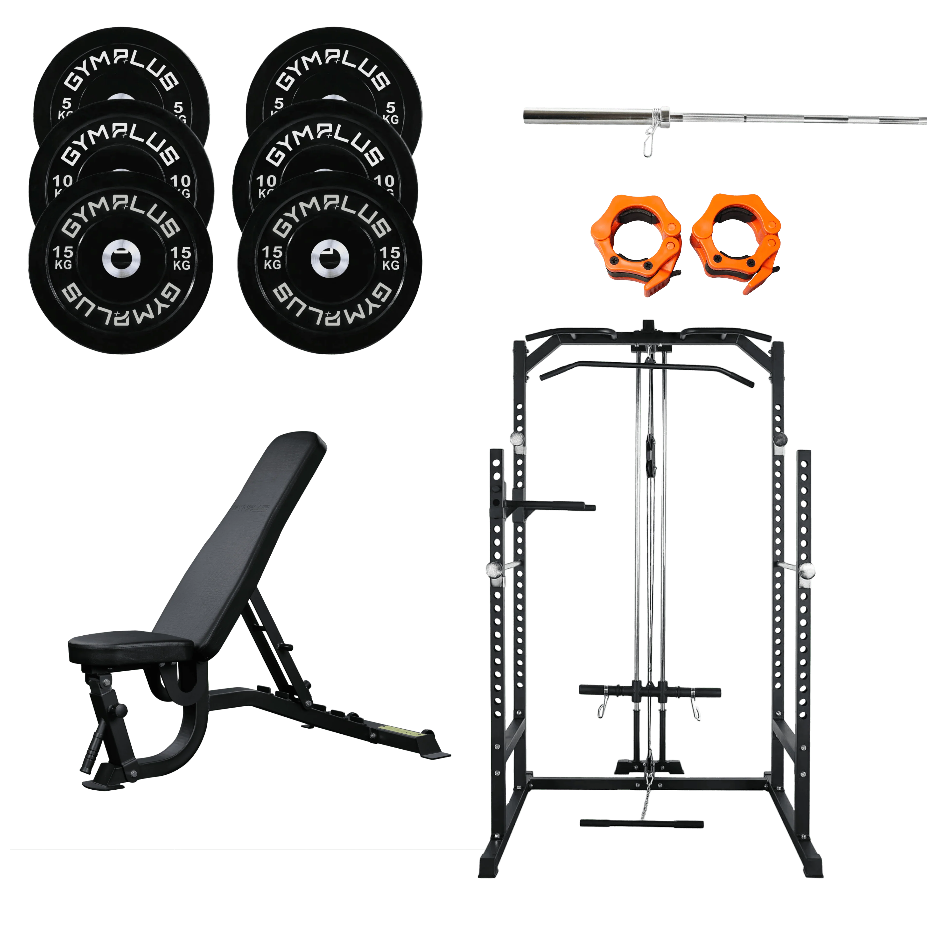 Home Gym Lifting Intermediate Package - Bench, Rack with Pulldown, Barbell and Bumper Plates Set