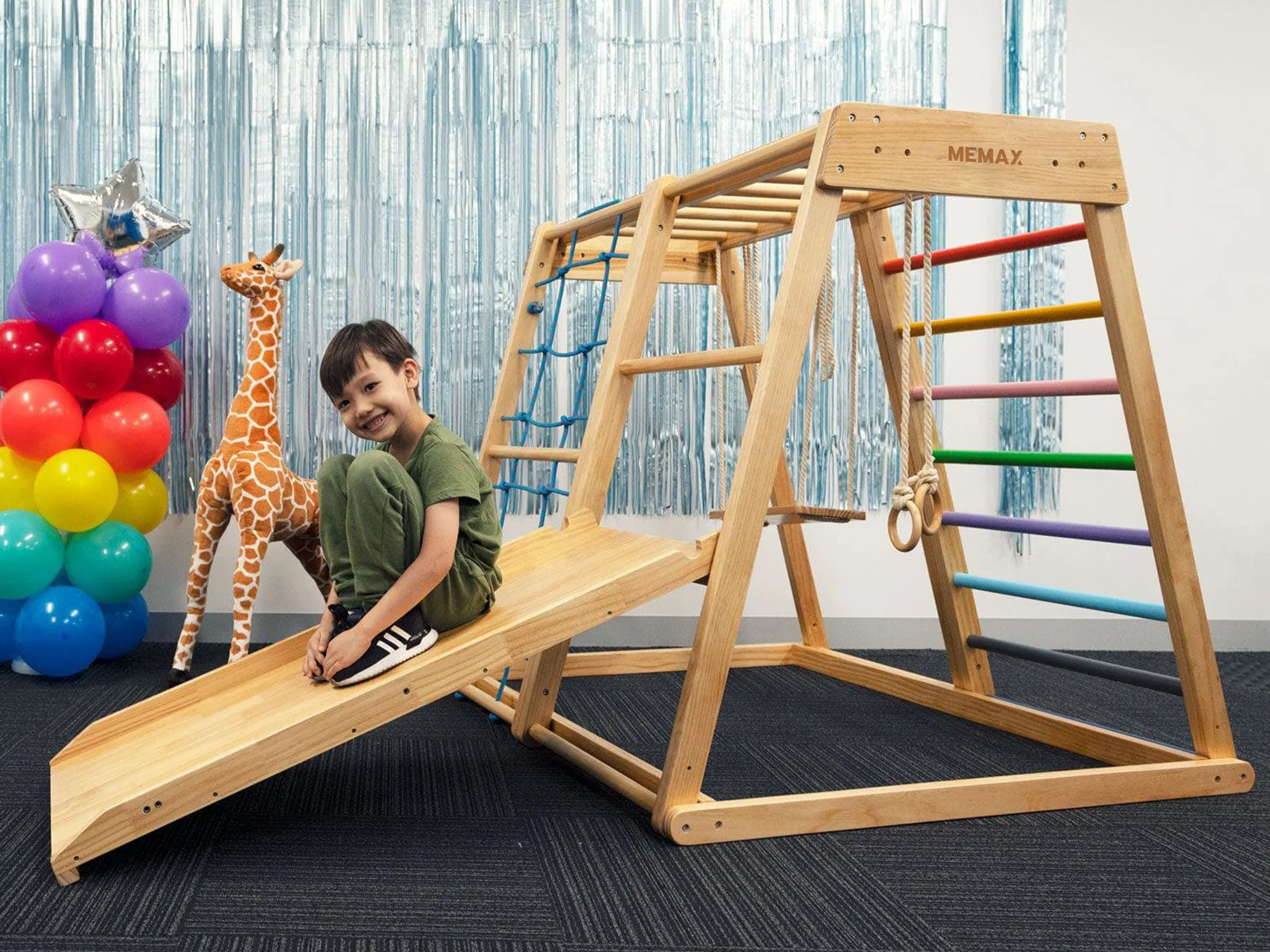 MEMAX Indoor Wooden Play Gym with Slide, Swing & Climber - Image 3