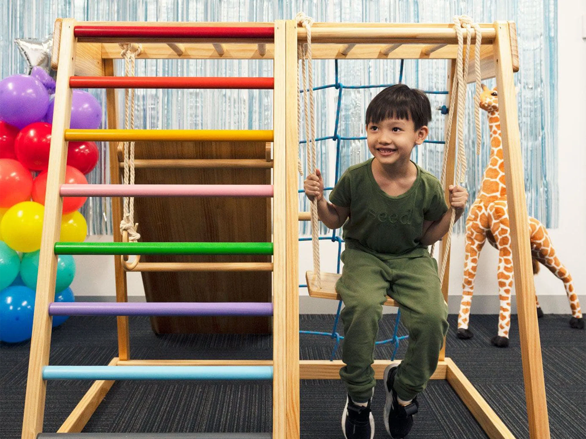 MEMAX Indoor Wooden Play Gym with Slide, Swing & Climber - Image 5