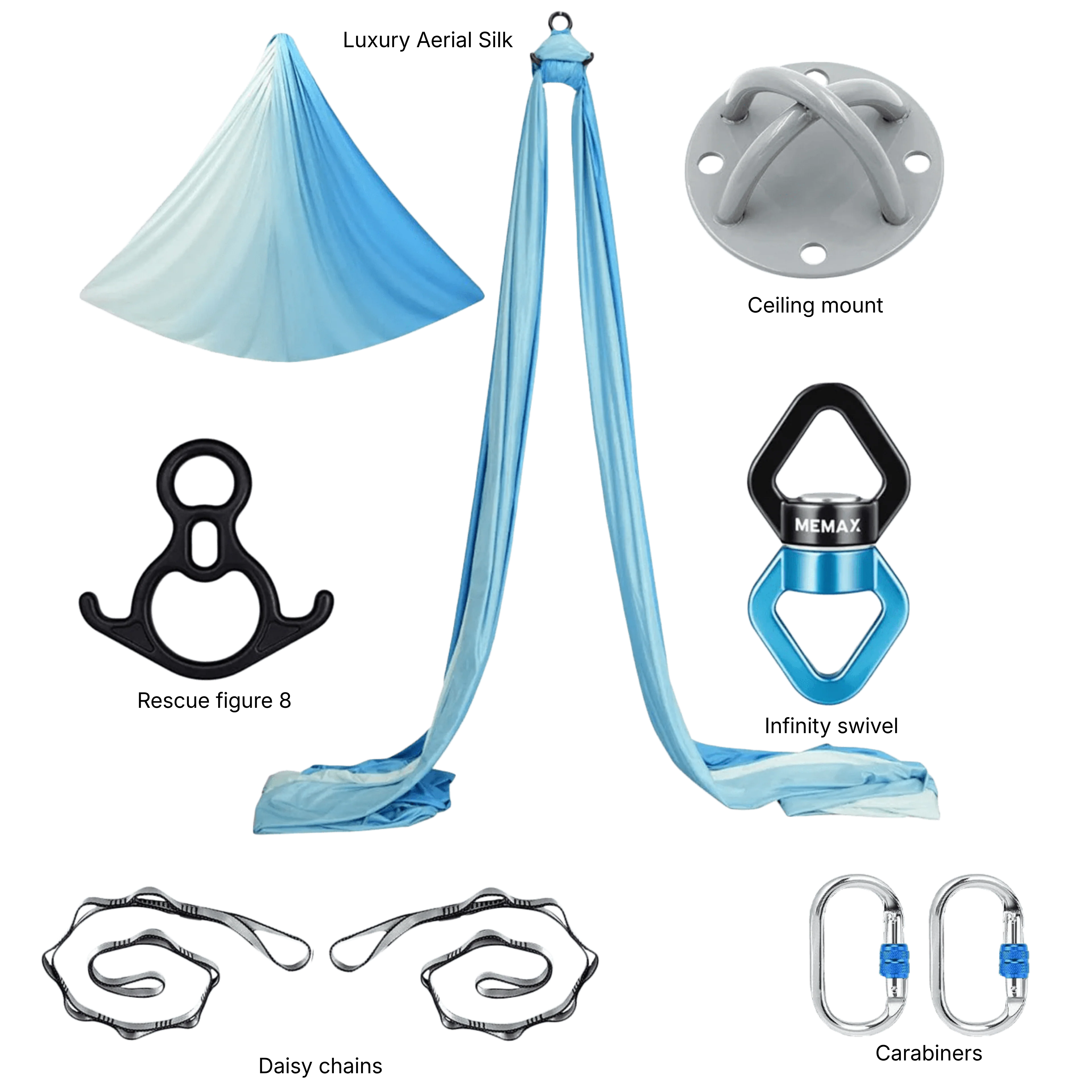 MEMAX Aerial Silks Yoga Swing Hammock Set - 100% Luxury Nylon Tricot Silks, Full Rigging Hardware